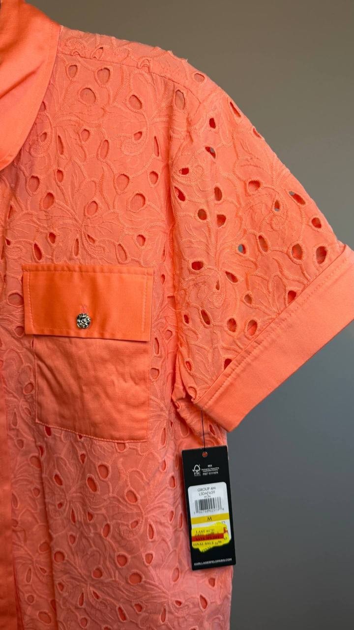 Karl Lagerfeld Paris Eyelet Cotton Shirt Red M NWT $129