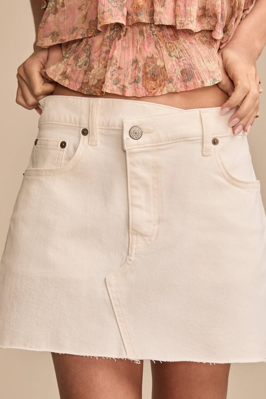 Lucky Brand Denim Cross‑Over Mini Skirt White Lies Size12/31 NWT msrp$89.50