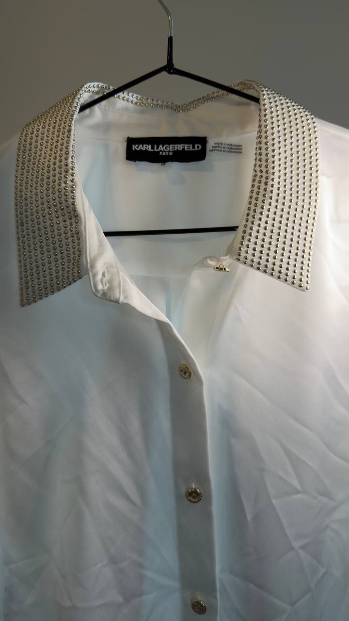 Karl Lagerfeld Paris Beaded Satin Stud Blouse Soft White M NWT $109
