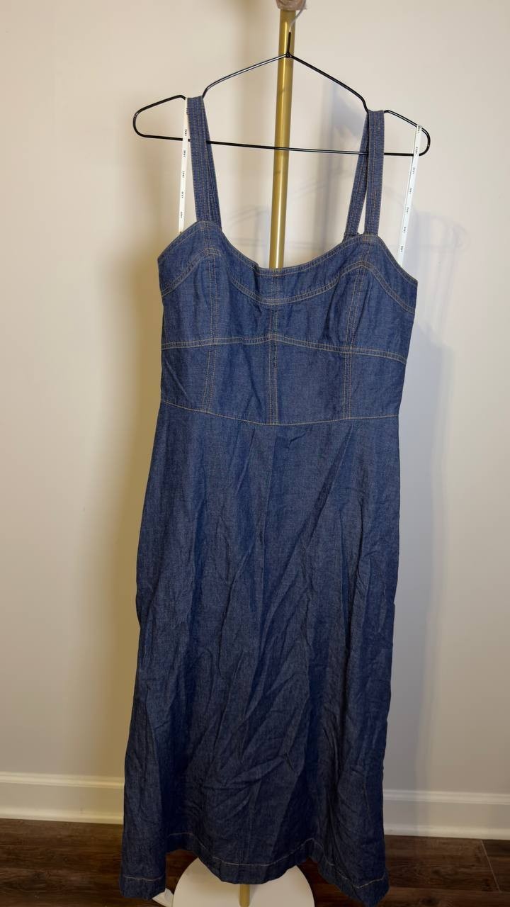 DKNY Contrast Stitch Denim Midi Dress Crosby Wash XL NWT $159