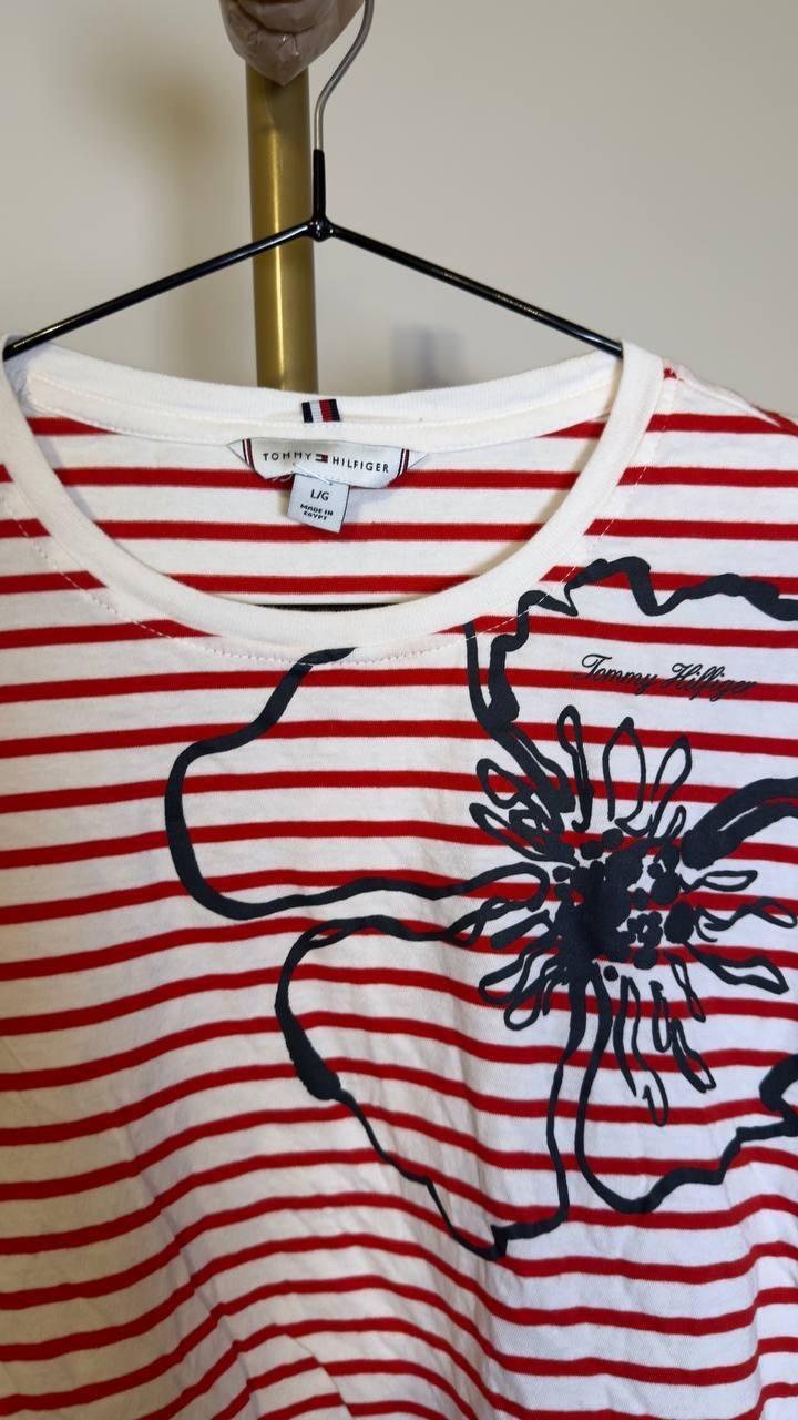 Tommy Hilfiger Women’s Cotton Bow‑Tie T‑Shirt White/Red L NWT $49.50