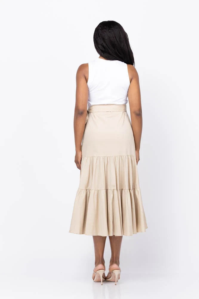 Cinq à Sept Mahlia Midi Dress White Khaki Sleeveless Tiered Size S