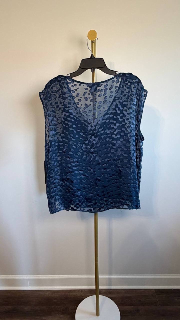 Donna Karan NY Cap‑Sleeve Silk‑Blend Burnout Blouse Blue XL NWT $129