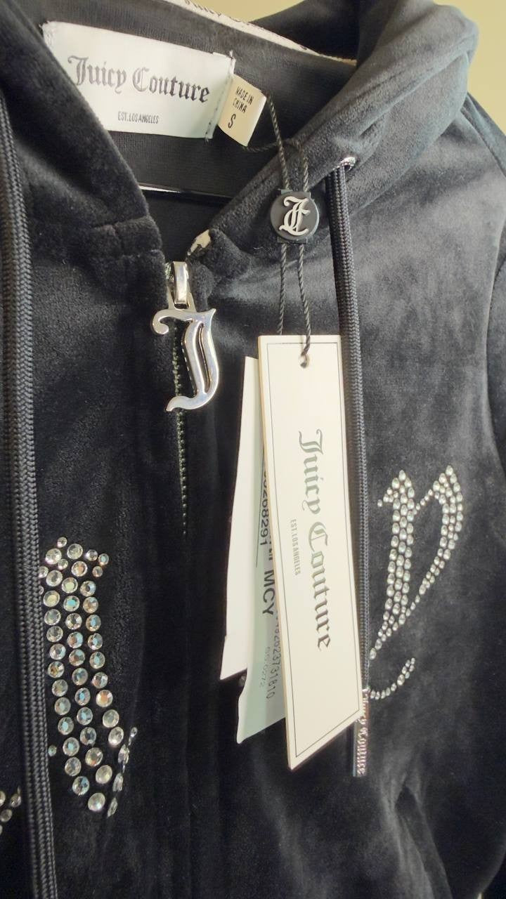 Juicy Couture OG Big Bling Velour Zip Hoodie Black Size S NWT $119