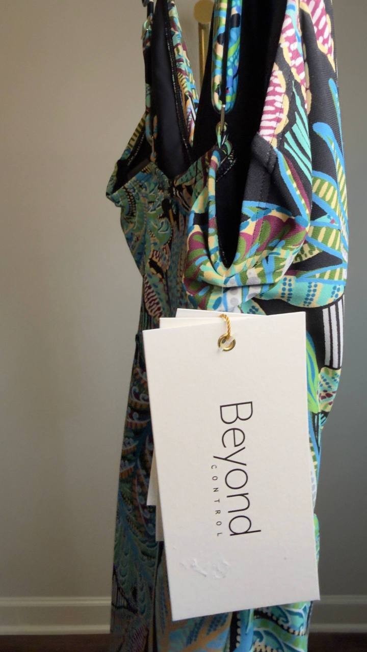 Beyond Control V‑Neck One‑Piece Swim Dress Black Multi 8 NWT $144