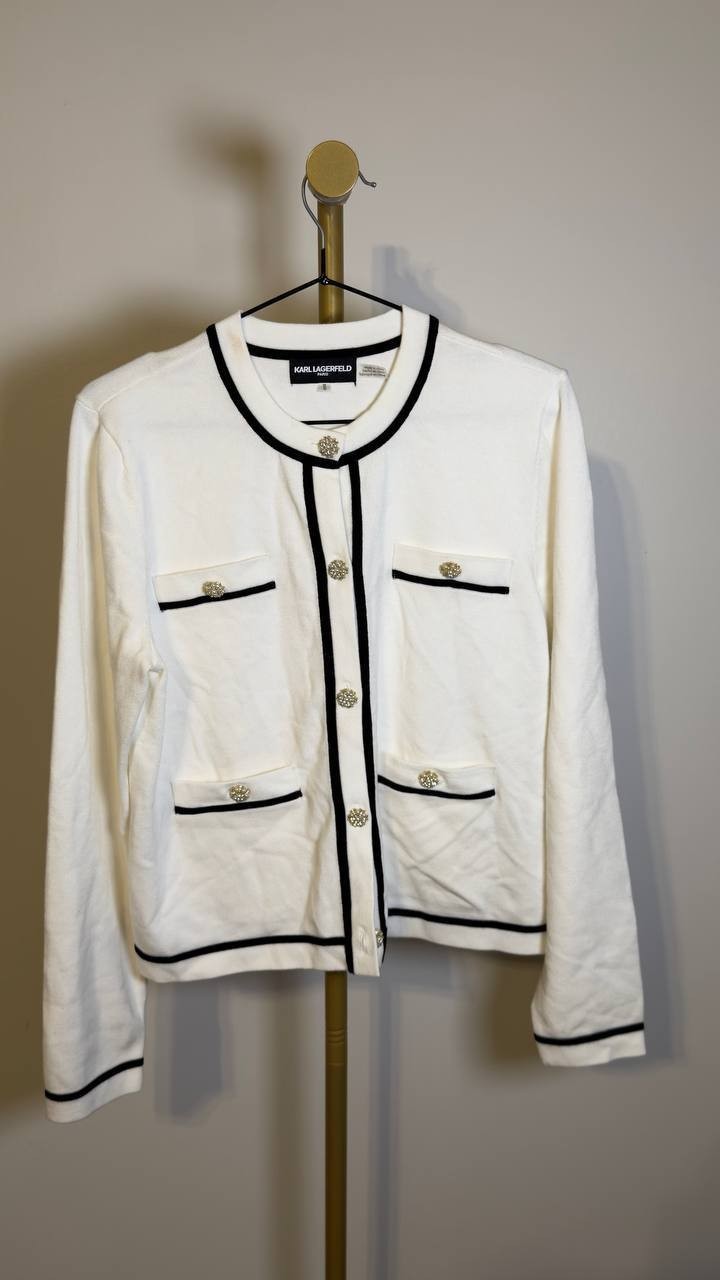 Karl Lagerfeld Paris Women’s Four‑Pocket Crewneck Cardigan Soft White M NWT $128