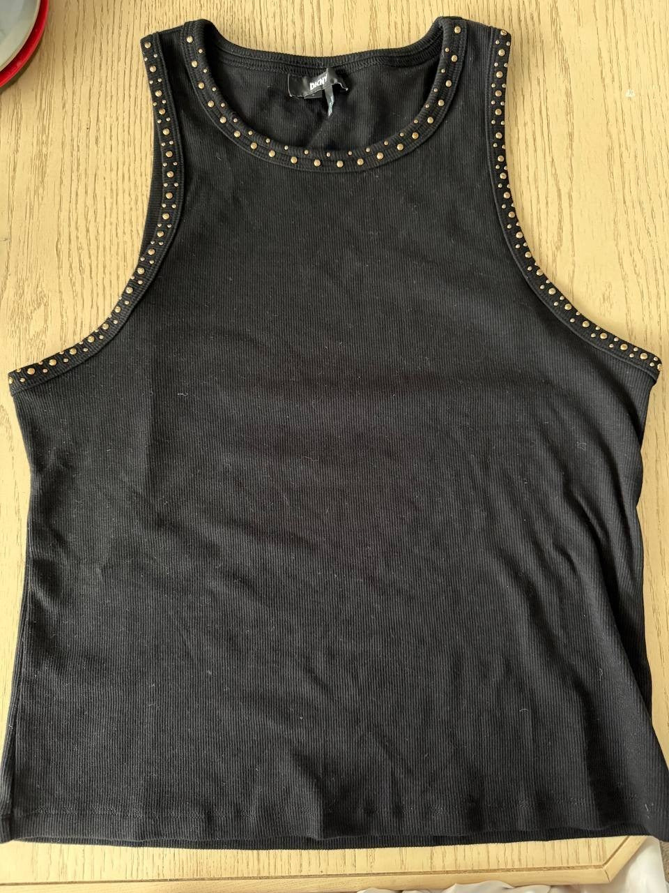 DKNY Studded Ribbed Tank Top – Black, Sleeveless, Size L