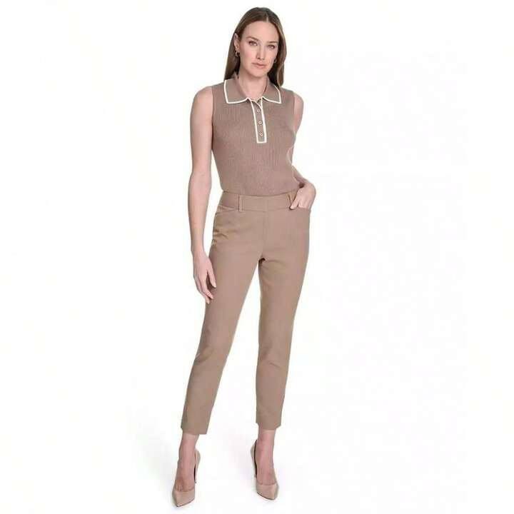 Tommy Hilfiger Contrast‑Tipped Sleeveless Polo Top Brown L $59 NWT