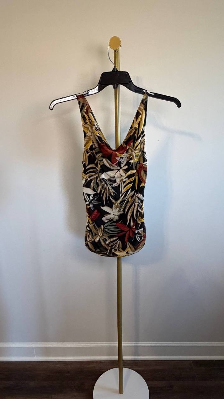Anne Klein Printed Ruched Draped‑Neck Mesh Top Floral XXS NWT $69
