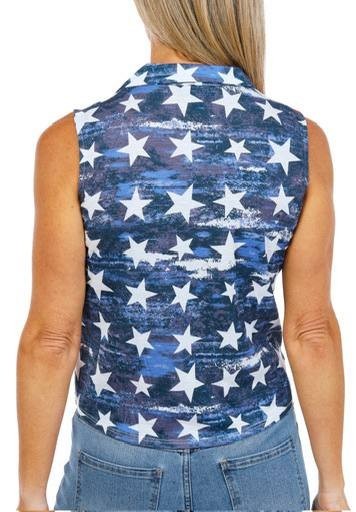 Thomas & Olivia Sleeveless Flag Button‑Front Shirt Red Multi L NWT $26