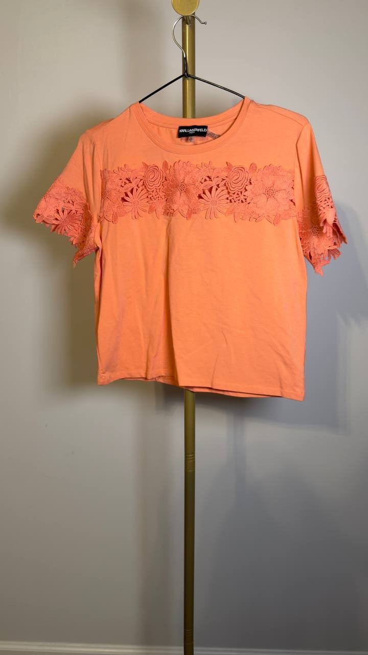 Karl Lagerfeld Lace‑Trim Knit Top Orange XS NWOT $99