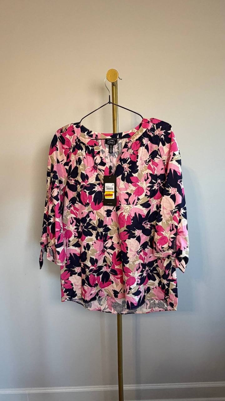 Jones New York V‑Neck Print Tie‑Sleeve Linen Blend Blouse White Multi S NWT
