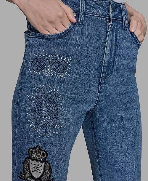 Karl Lagerfeld Patch Denim Straight‑Leg Jeans Denim Blue 6 NWT $139