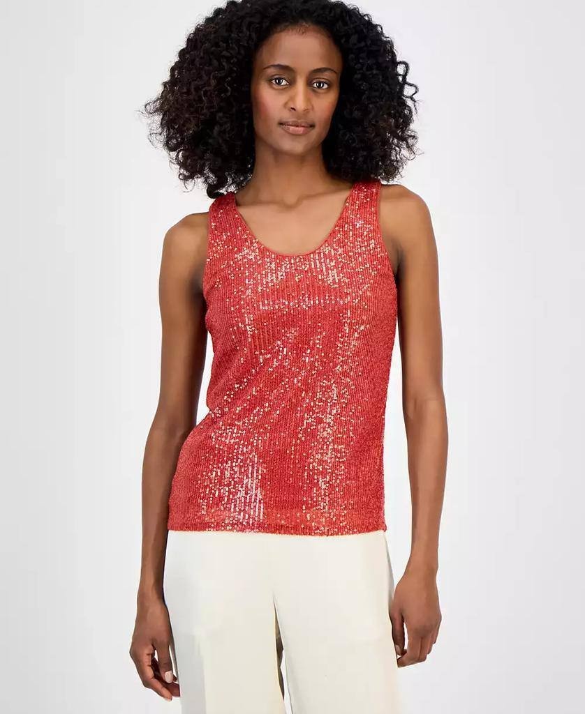 Anne Klein Sequin Double‑Scoop Sleeveless Tank Red L NWT $69