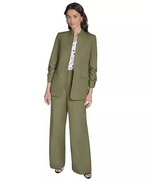 Calvin Klein Women’s Green Petite Linen-Blend 3/4-Sleeve One-Button Blazer Size