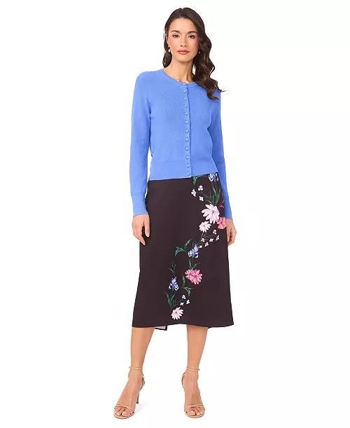 CeCe Floral Print Pull‑On Midi Skirt S Reach Black NWT $99