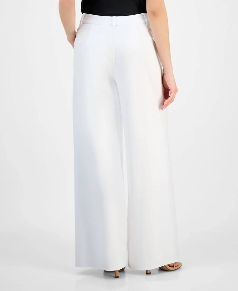 Bar III Women's White Ponte Pants, Seamed Wide-Leg, Petite High-Rise Zipper