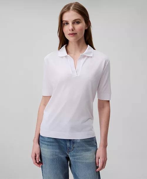 Calvin Klein Short Sleeve Collared Knit Top White Size S NWOT $69