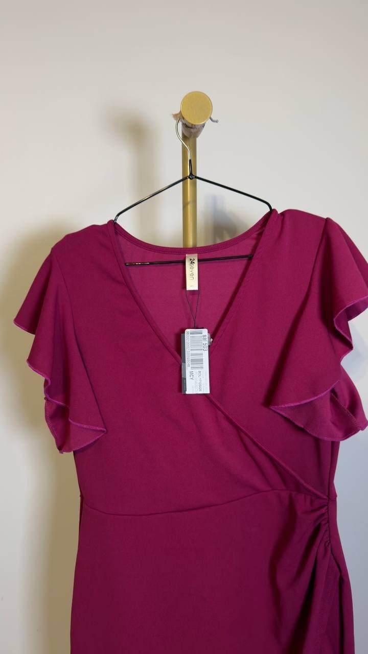 24seven Comfort Apparel Women’s V‑Neck Ruffle Sleeve Dress Magenta L NWT $97