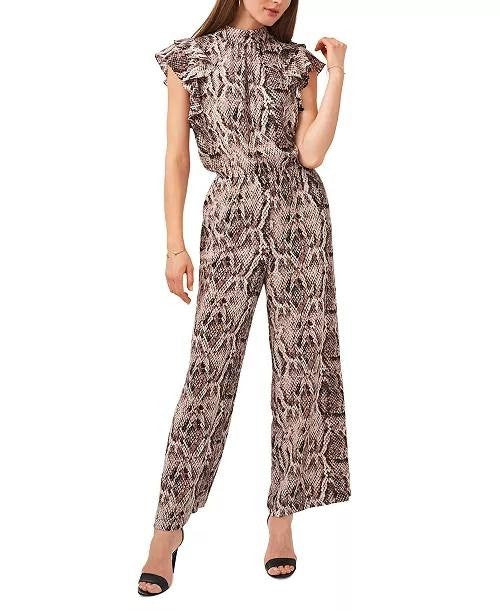 1.STATE Flutter Sleeve Printed Mock Neck Jumpsuit Birch Multi S NWT $119