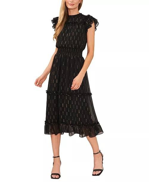 CeCe Metallic‑Print Ruffled Smocked‑Waist Midi Dress – Size S – NWT – $129