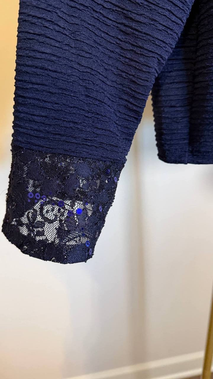 NY Collection Women’s Petite Novelty Knit Lace Trim Jacket Navy 8P NWT