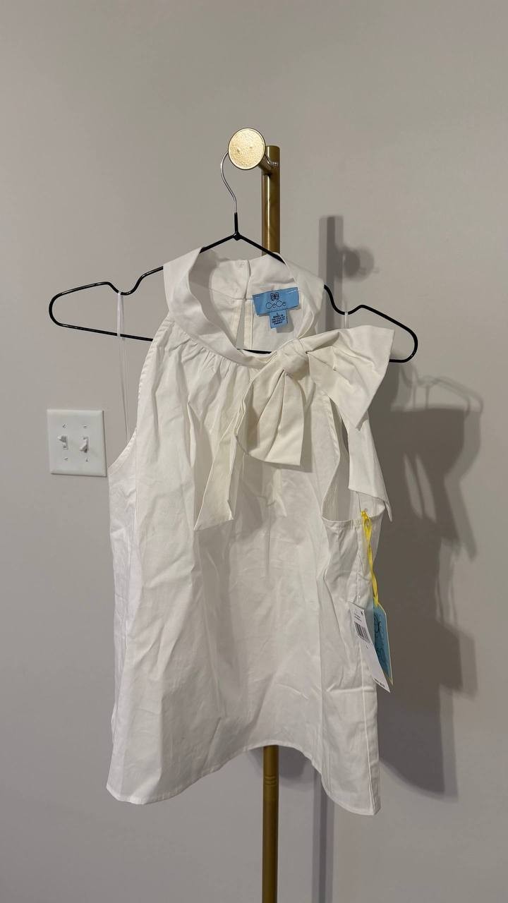 CeCe Bow Halter Top White Large NWT Feminine Sleeveless Blouse $69