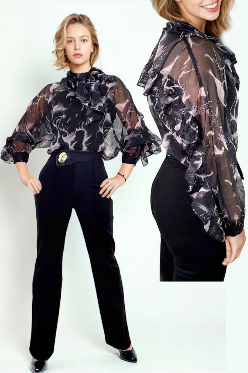 N by Nancy Satiny Sheer Ruffle Tie‑Neck Blouse– Size L -Black– NWT