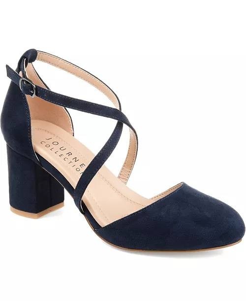 Journee Collection Foster Crisscross Block Heel Pumps Navy 9M Suede $94.99 NWB