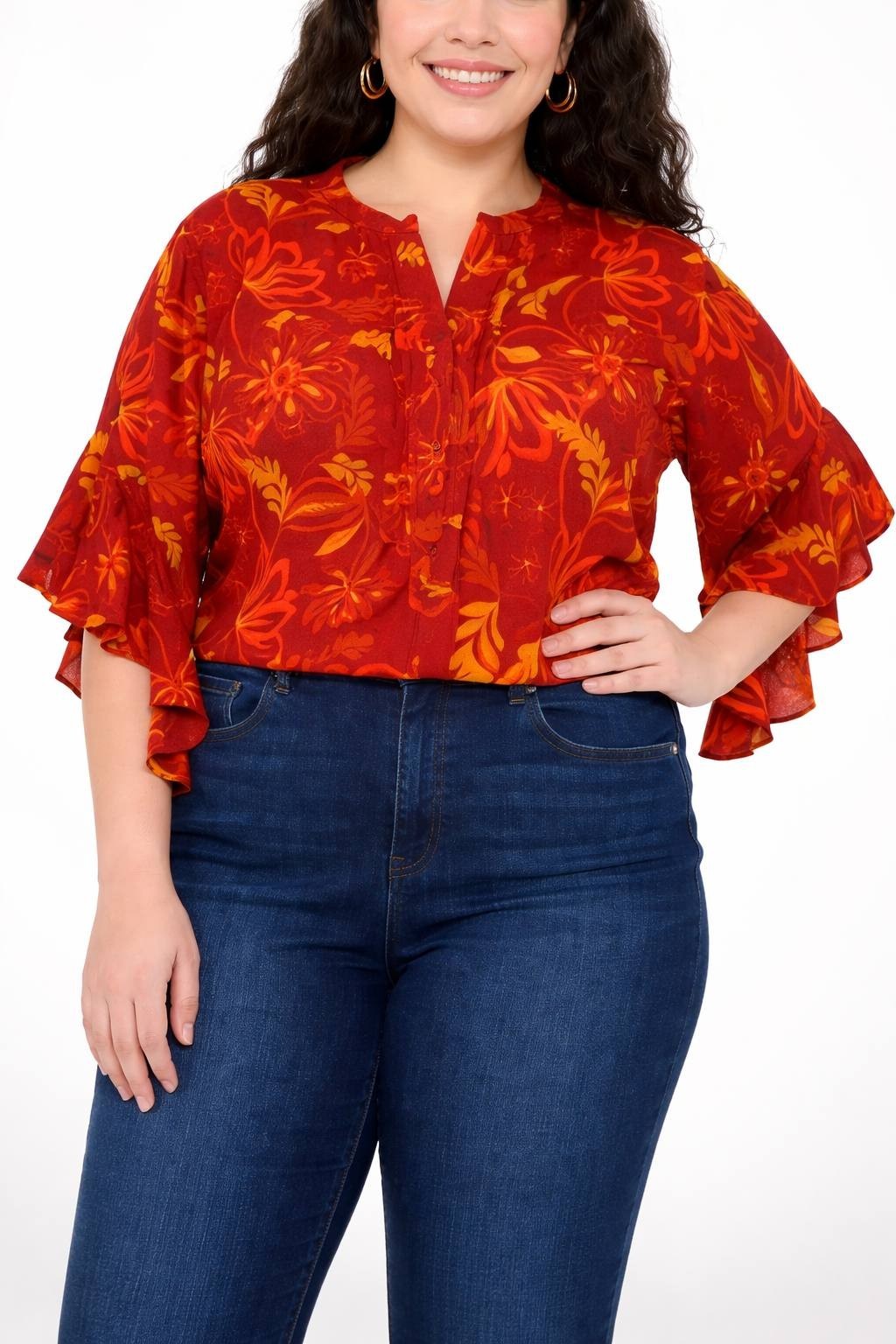 Vince Camuto Plus Split‑Neck Ruffle‑Cuff Floral Blouse Burgundy 2X $89 NWT
