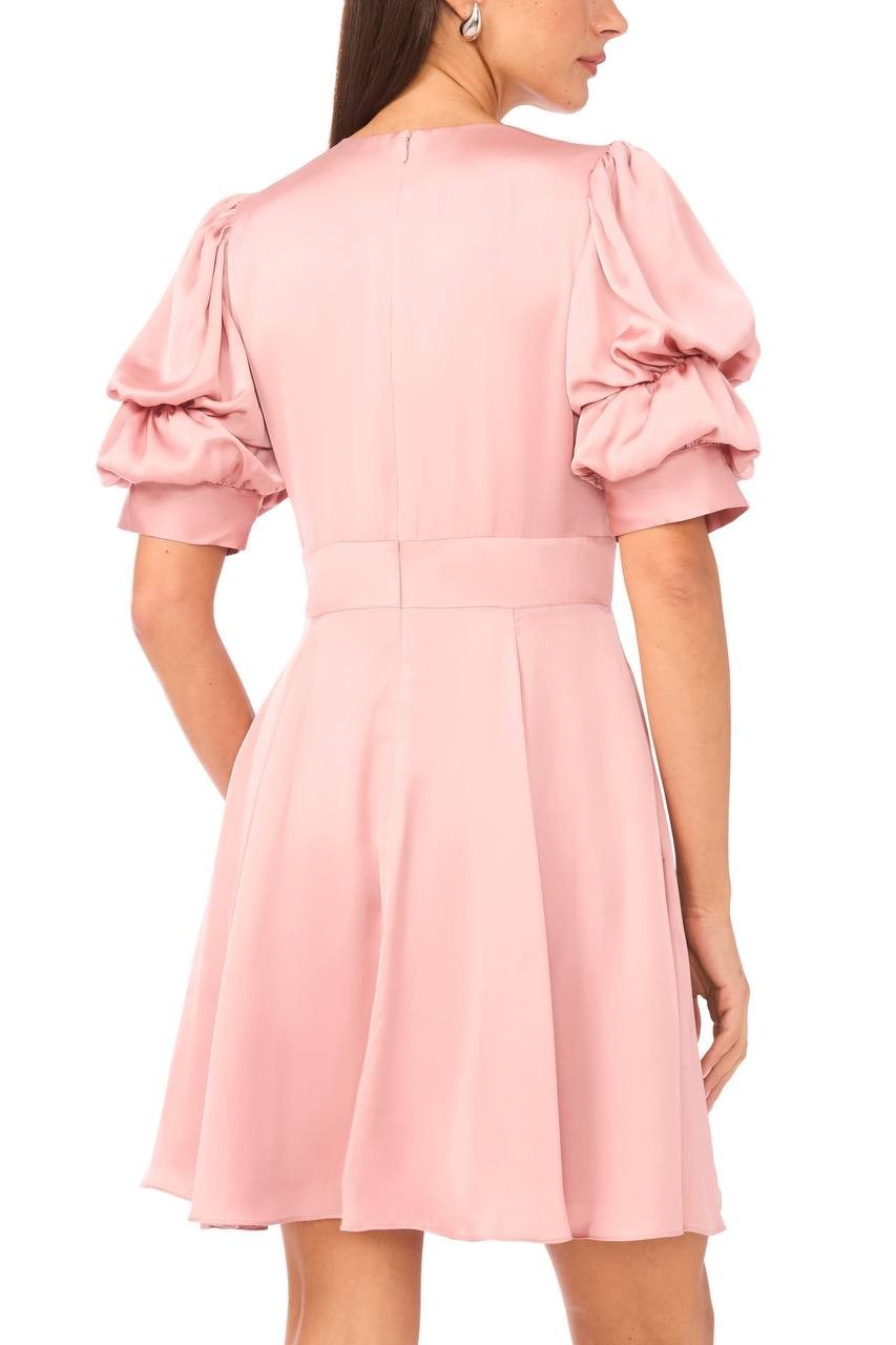 1.STATE Bubble Sleeve V‑Neck Fit & Flare Dress Light Pink L NWT $89