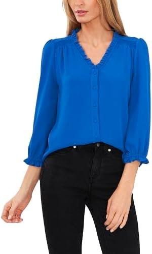CeCe Women’s Ruffled Button‑Front 3/4‑Sleeve Blouse Royal Blue S NWT $69