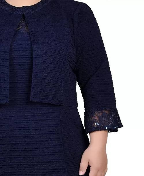NY Collection Women’s Petite Novelty Knit Lace Trim Jacket Navy 8P NWT