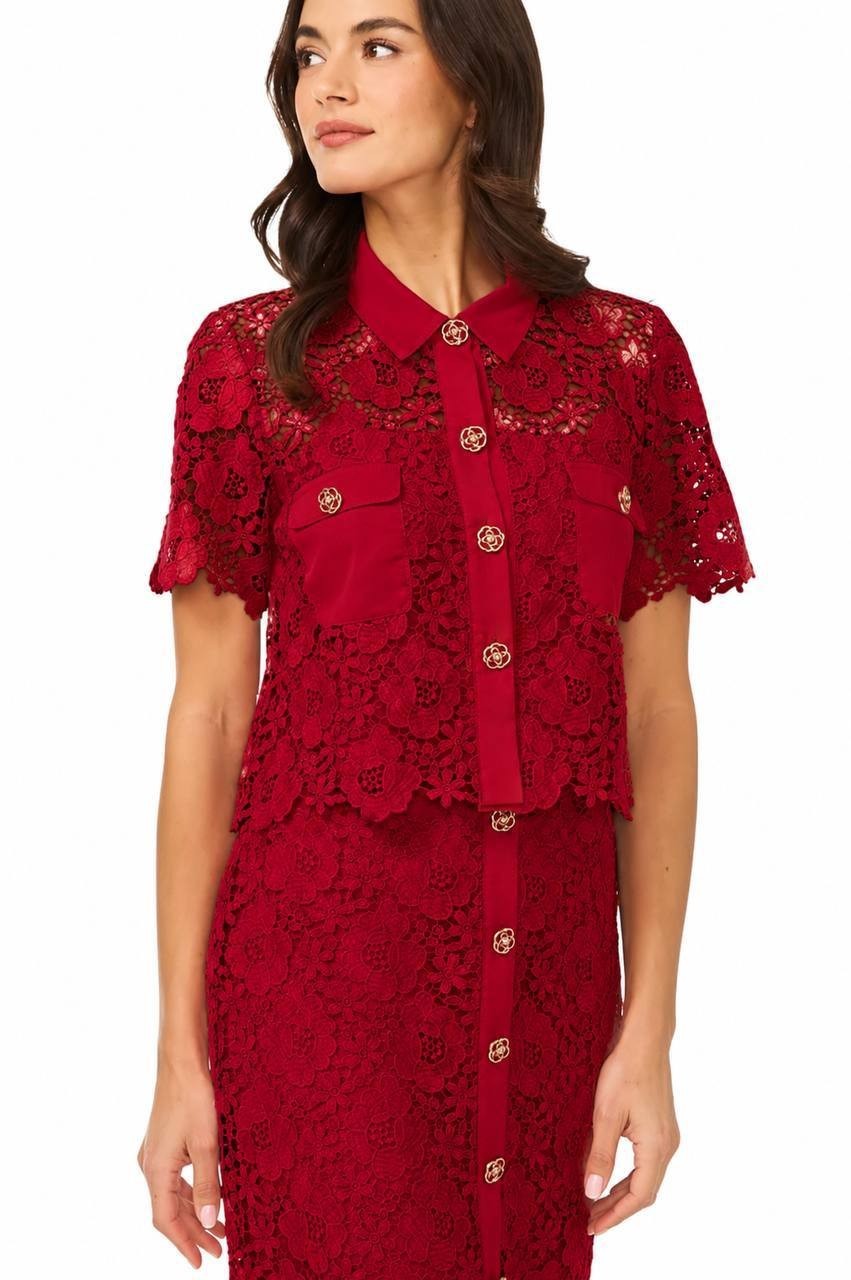 CeCe Lace Short‑Sleeve Button‑Up Top Rose Cherise L NWT $99