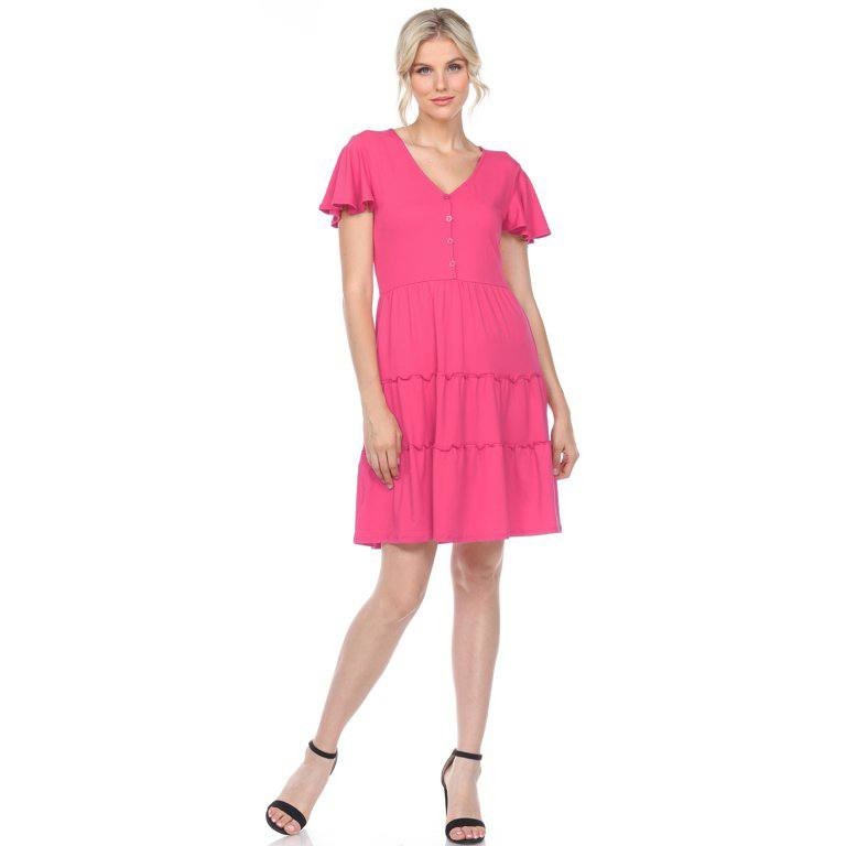 White Mark 2XL Tiered V-Neck Dress NWT Fuchsia Flutter Sleeve Plus Size