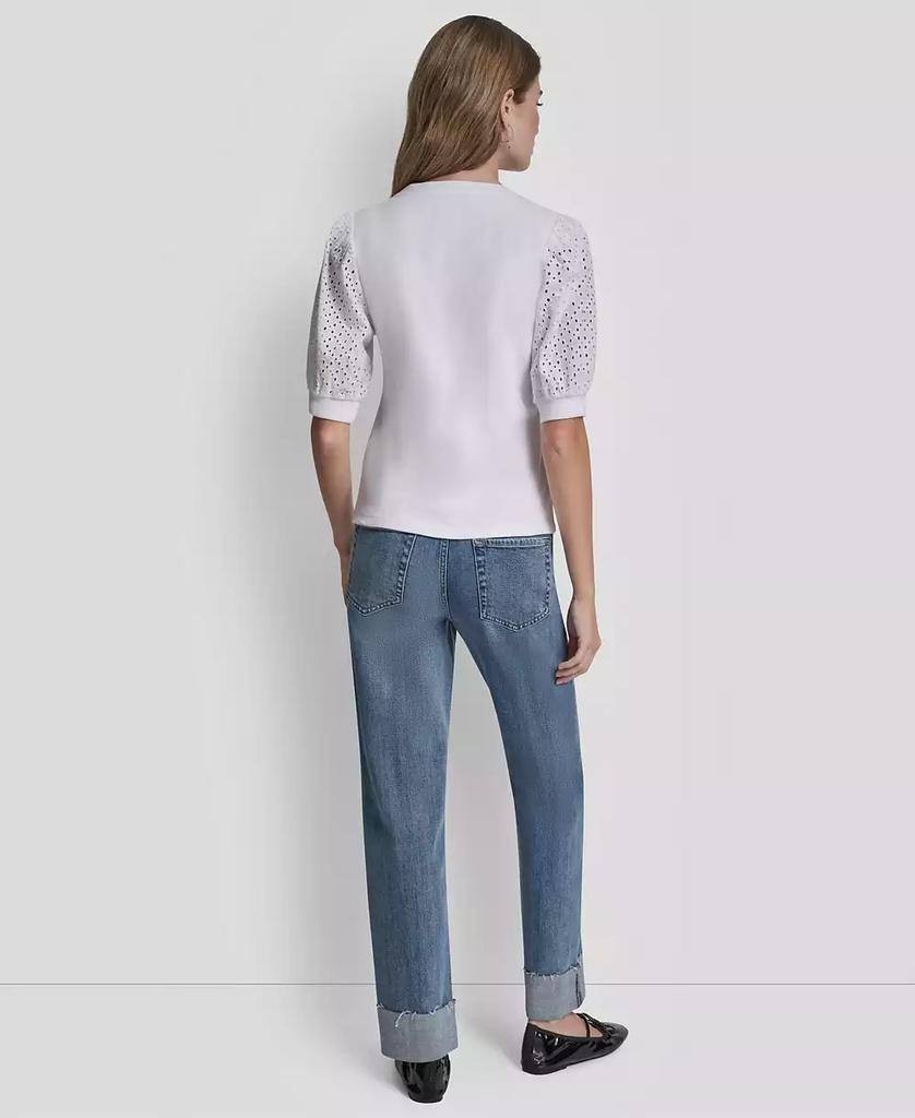 DKNY Jeans Petite Rib Body Eyelet V‑Neck Top White PXS NWT $59