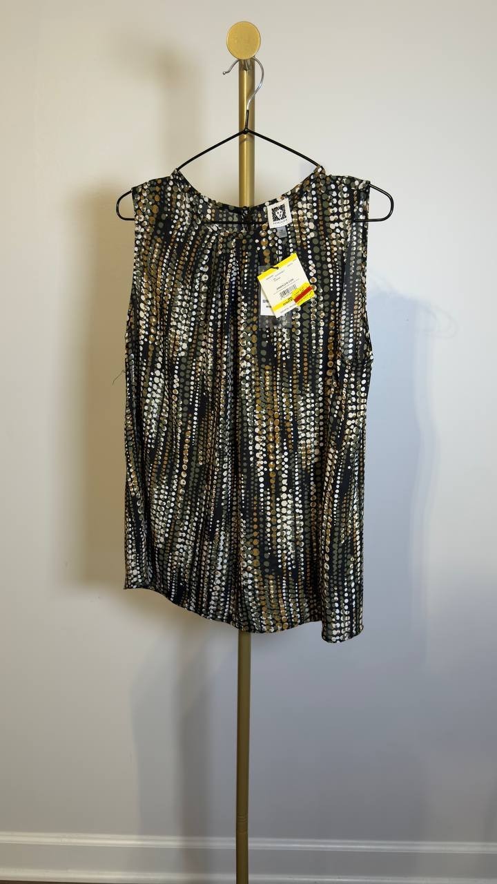 Anne Klein Round Neck Sleeveless Pleated Top Olive Palm Multi M NWT $79