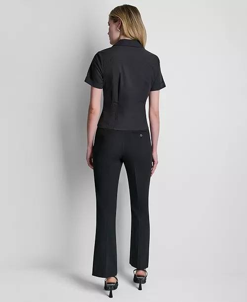 DKNY Short‑Sleeve Collared Button‑Front Blouse Black L NWT $99