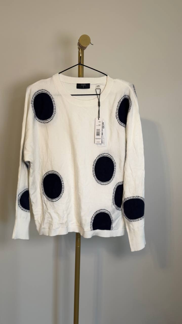 T Tahari Boatneck Whip Stitch Polka Dot Sweater White/Navy M NWT $78