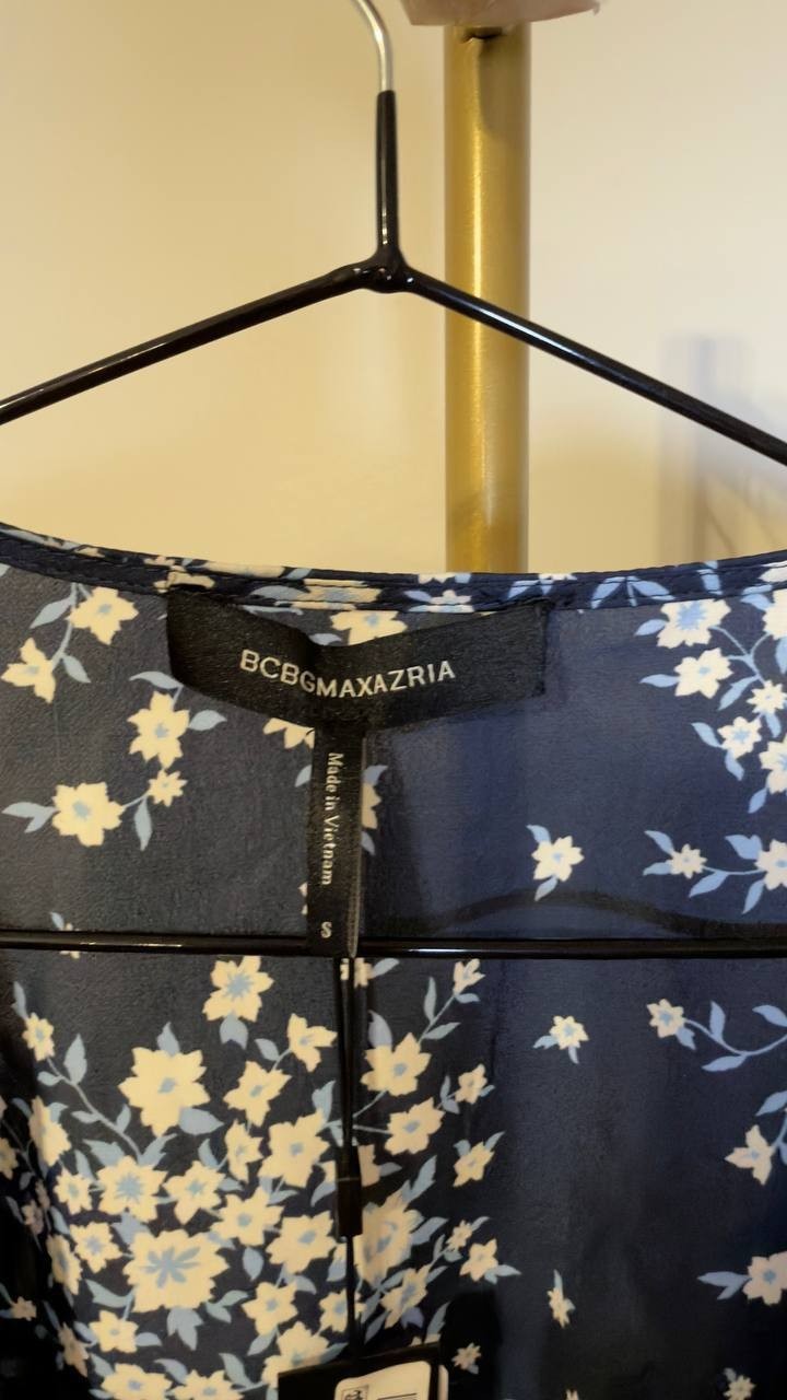 BCBGMAXAZRIA Women’s Floral Tie‑Front Long Sleeve Crop Top Blue Multi S NWT $158