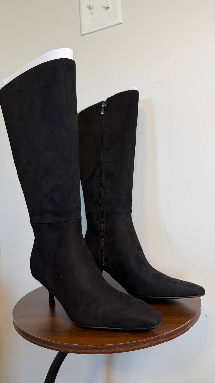 Nine West Havier Knee High Kitten Heel Boots Black 8M Wide Calf Textile $199 NWB