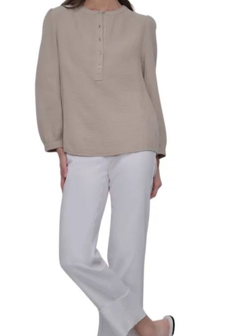 DKNY Jeans Textured Button‑Front Long‑Sleeve Top – Beige – Size XL – NWT – $59