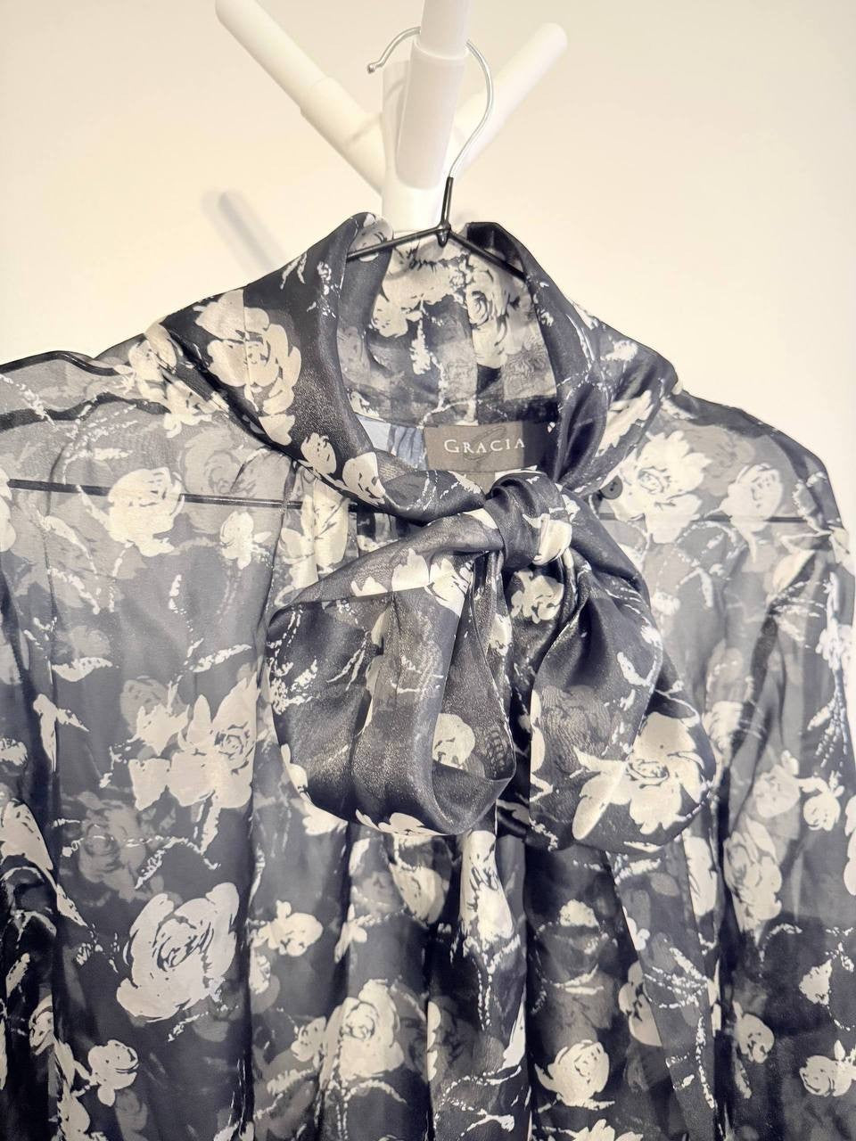 Gratia Sheer Floral Bow-Tie Blouse – Size S – NWT