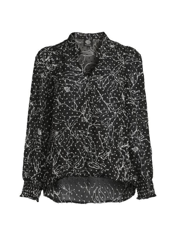 Bobeau High‑Low Floral Swiss Dot Top – Black – Size XL – NWT – $60