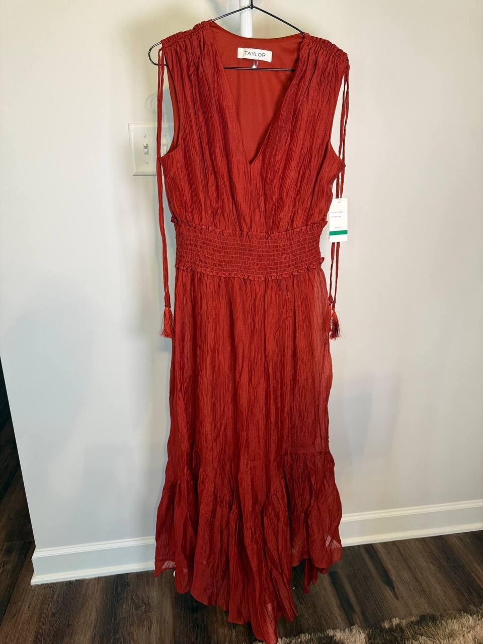 Taylor V‑Neck Handkerchief‑Hem Dress – Size L – NWT