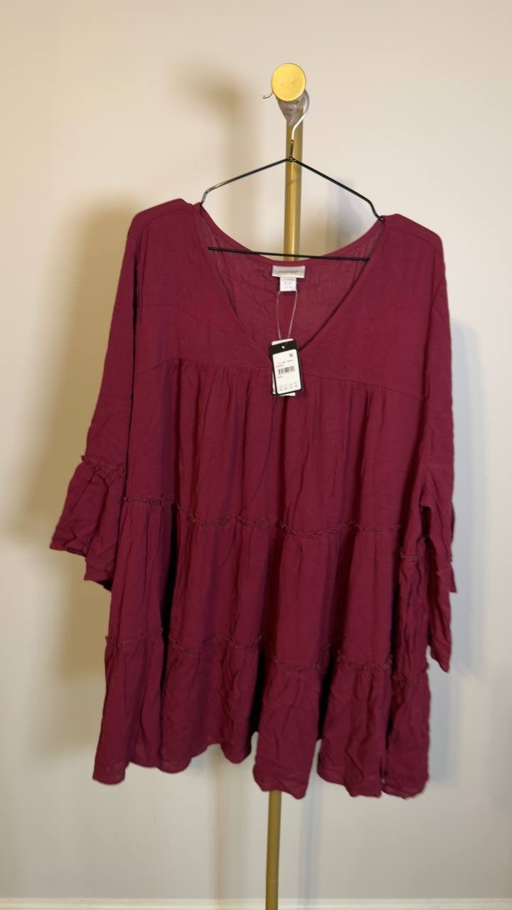 Avenue Plus Size Amy Tiered Bell Sleeve V‑Neck Blouse Berry 26‑28 NWT $60