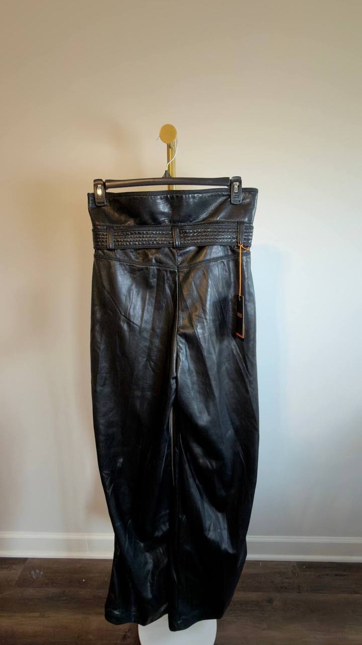 BOSS Faux Leather Straight-Leg Pants with Belt Black Size 10 NWT $149