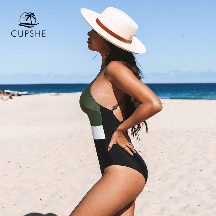 Cupshe Colorblock One‑Piece Swimsuit L NWT Black White Olive msrp$42
