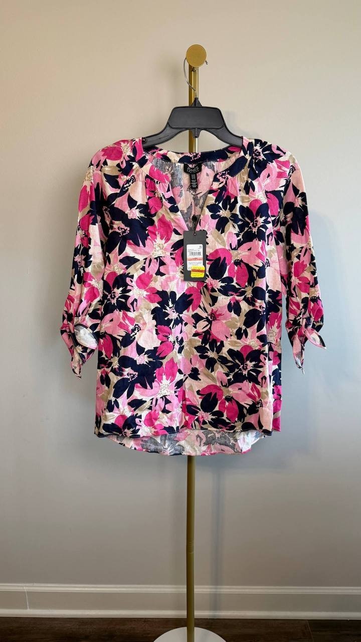 Jones New York V‑Neck Print Tie‑Sleeve Linen Blend Blouse White Multi XS NWT