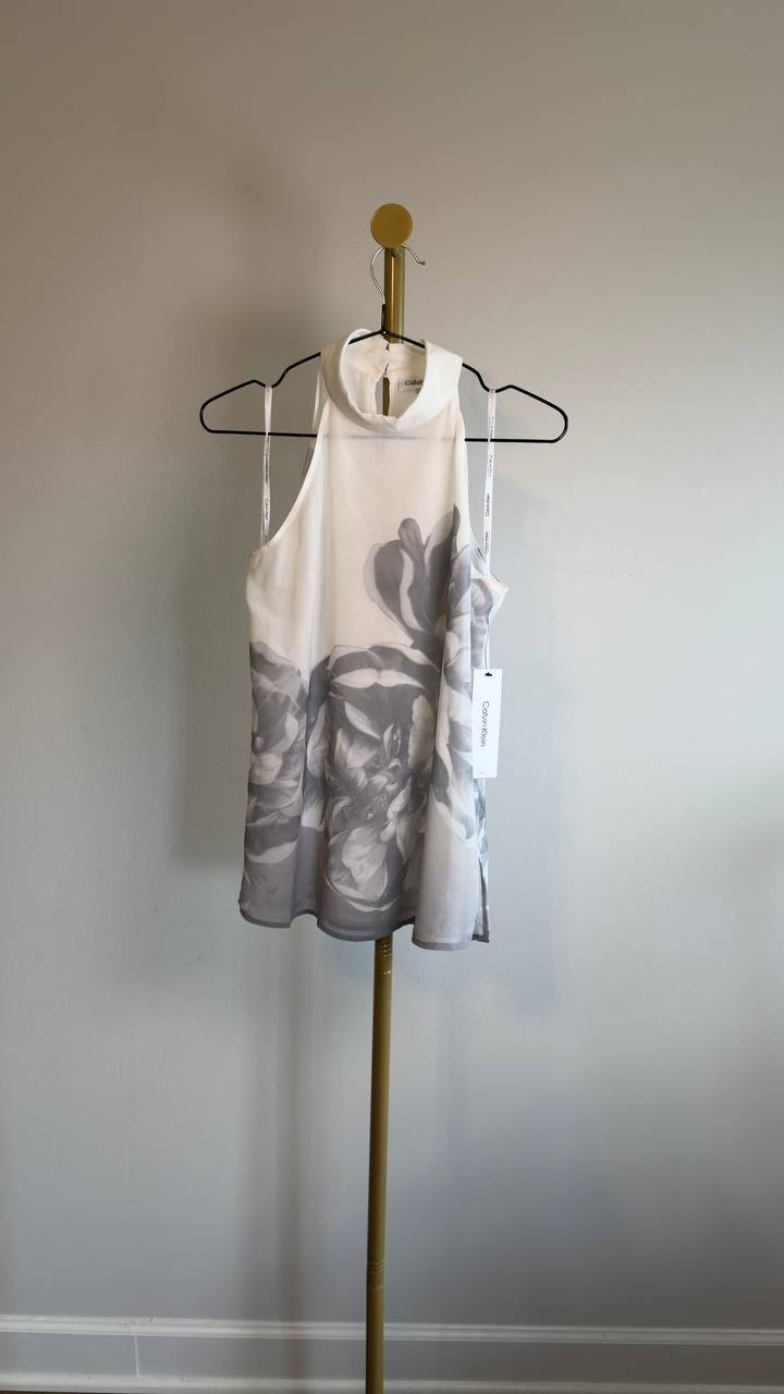 Calvin Klein Sleeveless Mock Neck Keyhole Blouse XS White Floral NWT $69